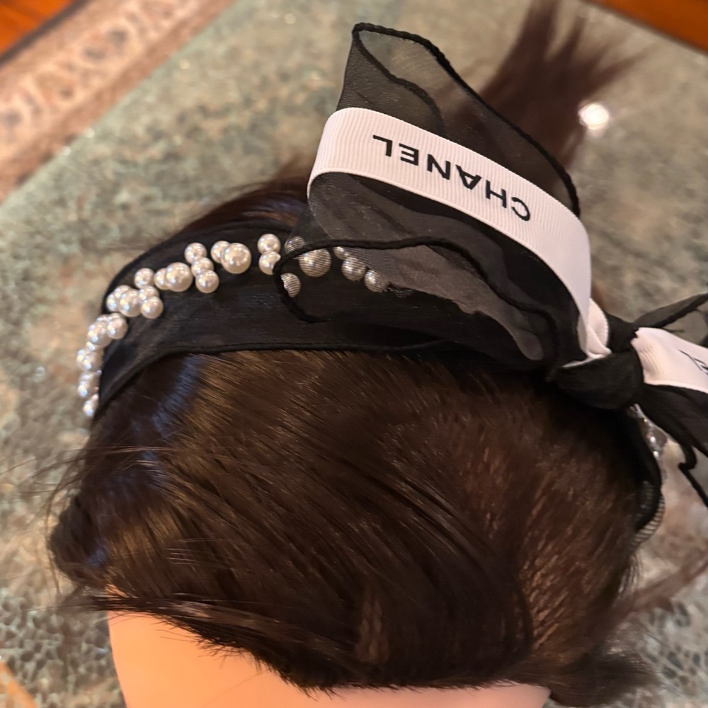 Classic black mesh and pearl ribbon embellished headband hand made brand new
